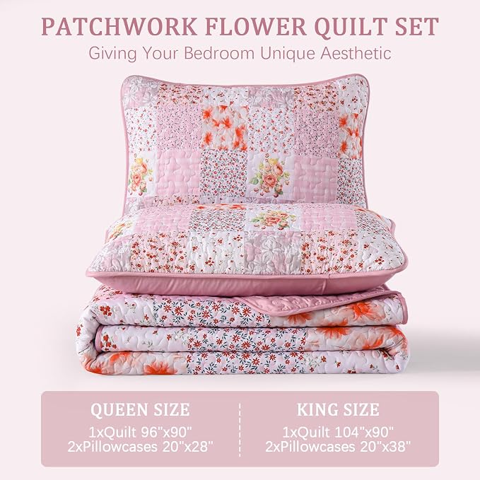 Mybedsoul Patchwork Quilts Queen Size, Soft Pink Boho Floral Queen Bedspreads - Image 7