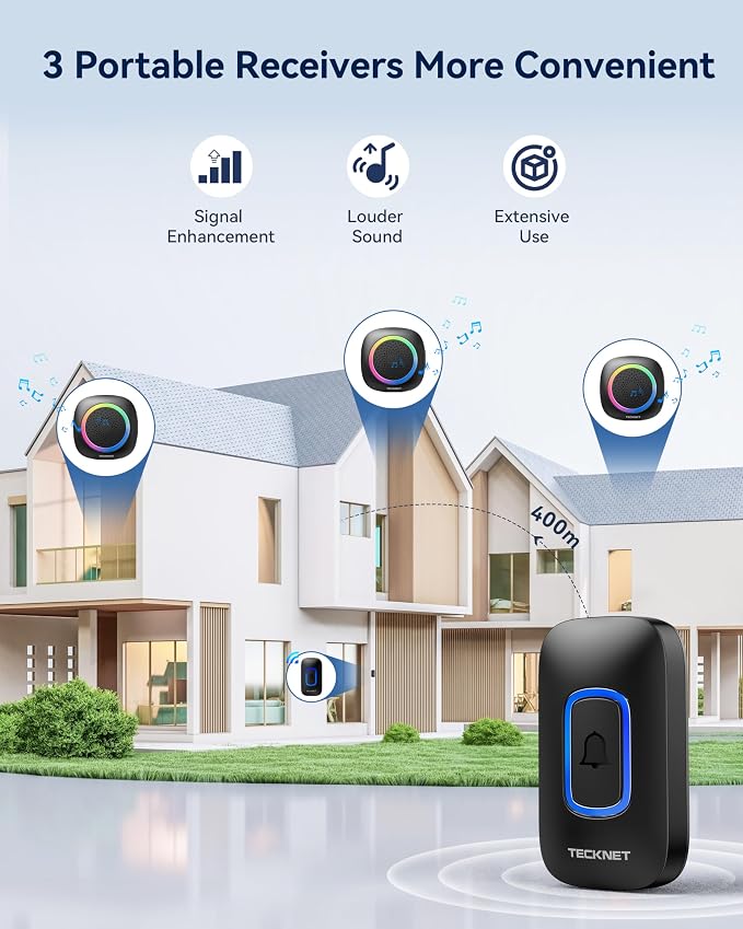 TECKNET Wireless Doorbell with 3 Portable Doorbells with RGB Light, Battery - Image 2
