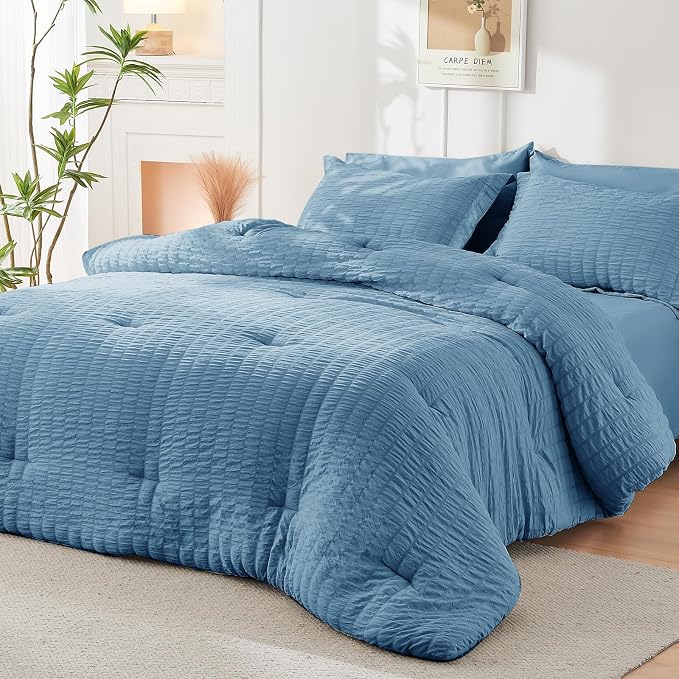 HYMOKEGE Mineral Blue Twin XL Comforter Set Seersucker 5 Pieces, All Season - Image 8