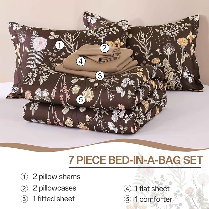 Yiran Brown Comforter Set King Size, 7 Piece Floral Comforter Bedding Set - Image 8