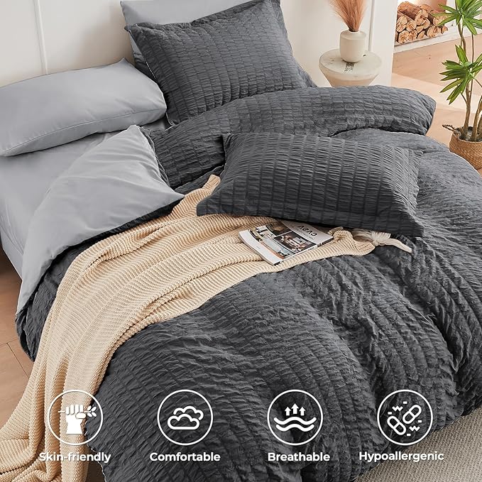 HYMOKEGE Dark Grey/Light Grey Queen Comforter Set Seersucker 7 Pieces, All - Image 3