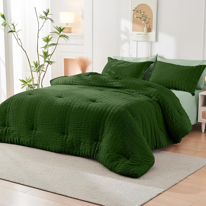 HYMOKEGE Dark Green/Sage Green King Size Comforter Set Seersucker 7 Pieces - Image 8