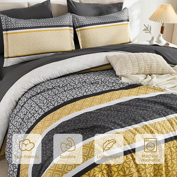 WONGS BEDDING Yellow Grey Queen Comforter Set 7 Pieces, Boho Striped Bed in a - Image 4