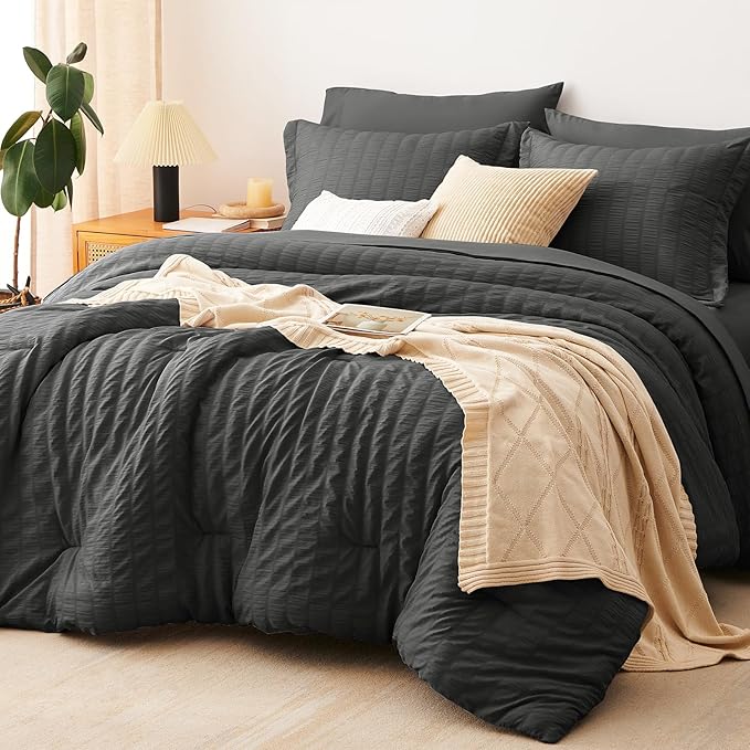 CozyLux Queen Comforter Set Dark Grey Seersucker 7 Pieces Bed in a Bag Queen by CozyLux