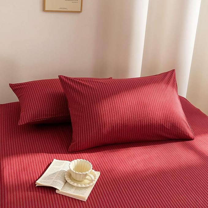 PinkMemory Red Striped Duvet Cover Queen 100% Washed Cotton Vintage Stripes - Image 7