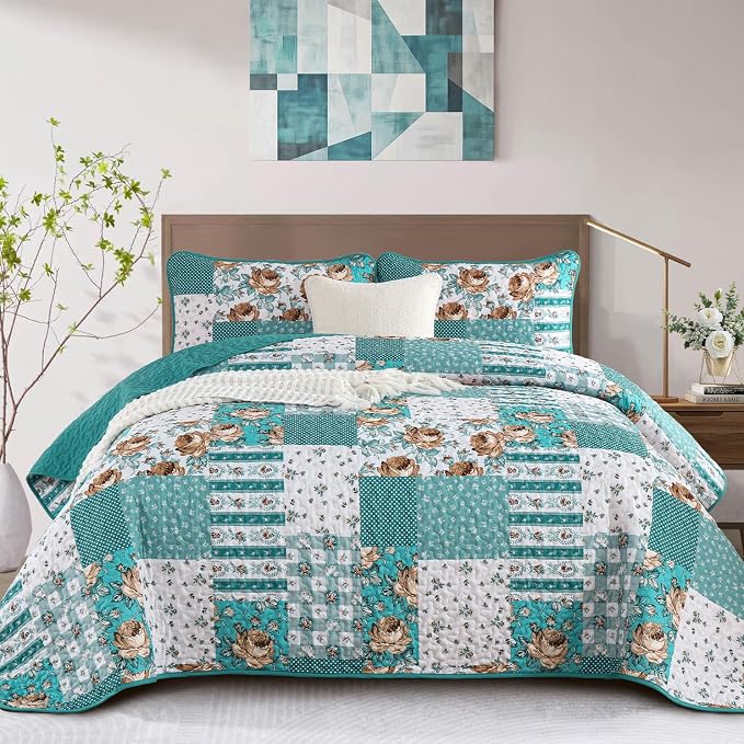 Anibedding Teal Quilt Set King Size Patchwork Floral Bedspread Coverlet by Anibedding