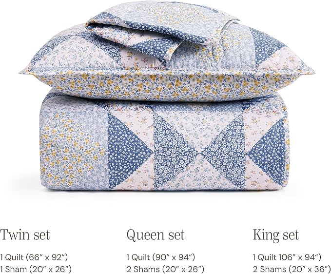 BLOOMHAVEN Quilt Set King Size, Patchwork Blue Marigold Floral Quilt Sets - Image 8