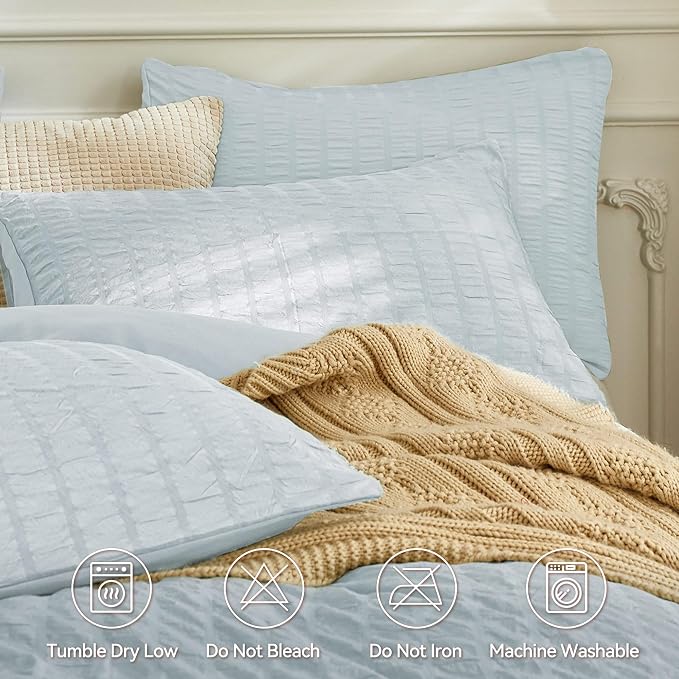 JELLYMONI Baby Blue Duvet Cover King Size, Soft Breathable Seersucker Duvet - Image 4