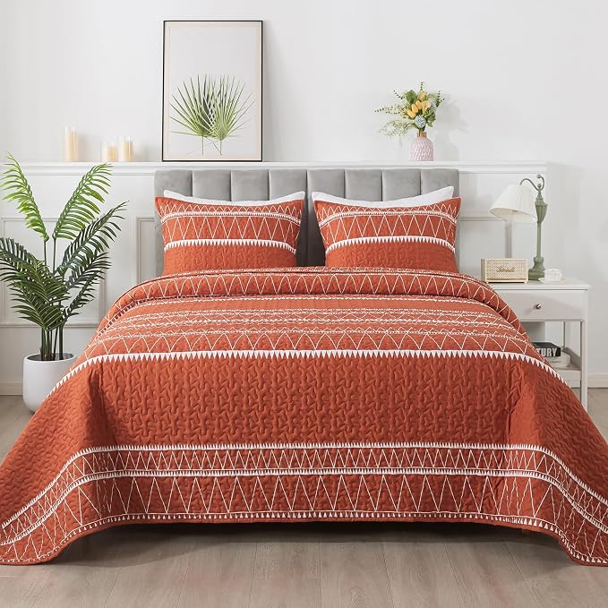 Andency Terracotta King Size Quilt Set, 3 Pieces Boho Lightweight Soft Striped by Andency