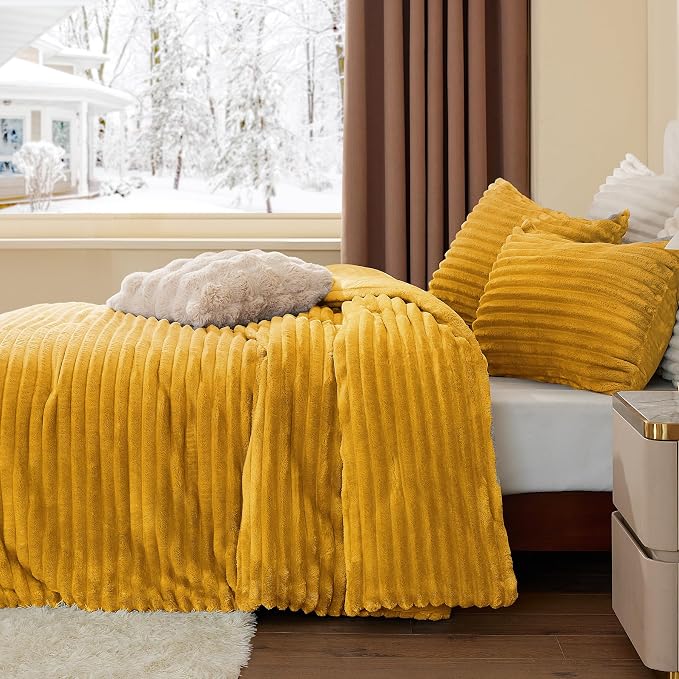 BEDELITE Fleece Twin Comforter Set -Super Soft & Warm Fluffy Mustard Yellow - Image 4