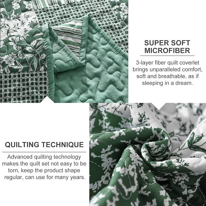 Mybedsoul Green Boho Queen Quilt Set, 3-Piece Reversible Soft Plaid Floral - Image 5