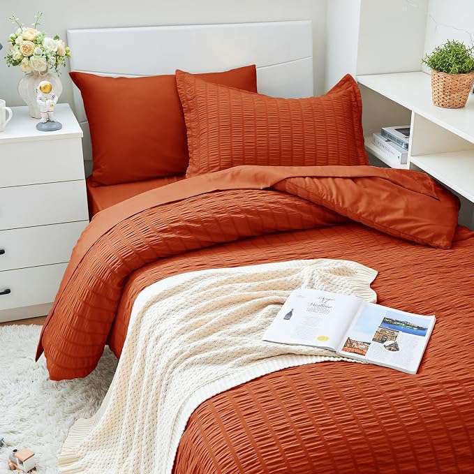 HYMOKEGE Burnt Orange Twin XL Comforter Set Seersucker 5 Pieces, All Season - Image 2