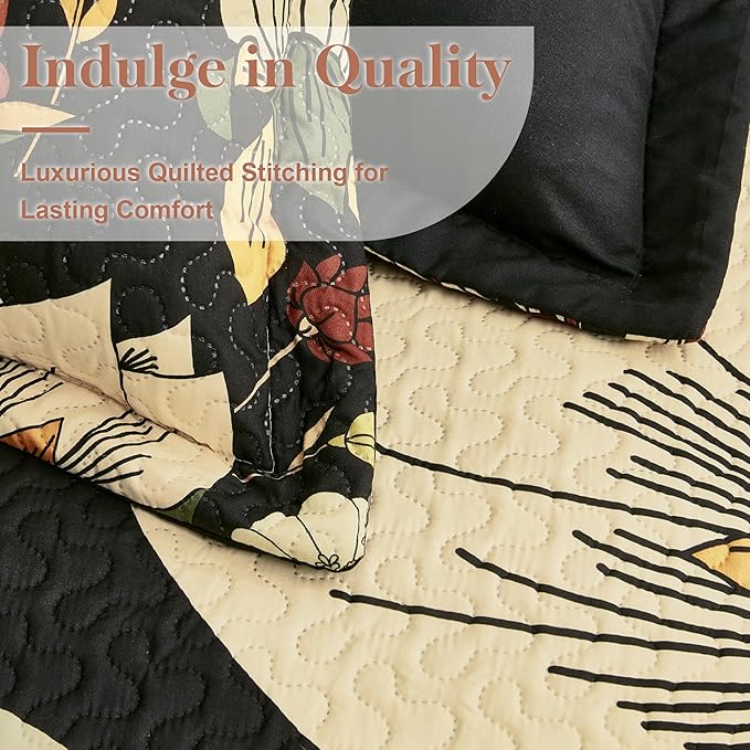 Tyrot 3 Piece Black Boho Floral Full/Queen Quilt Sets Reversible Farmhouse - Image 4