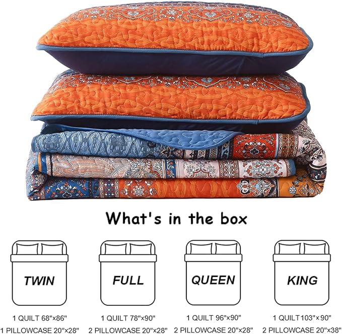 WONGS BEDDING Boho Fall Quilt Full Size, 3 Pieces Orange Blue Bohemian - Image 7