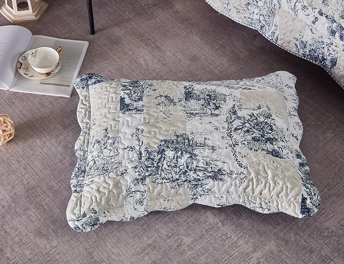 Brilliant Sunshine Blue Toile in Beige and Ivory Patches, 2-Piece Quilt Set - Image 4