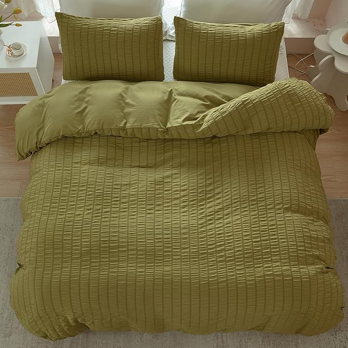 AveLom Olive Green Seersucker Duvet Cover Set Full Size, 3 Pieces, Ultra Soft - Image 5