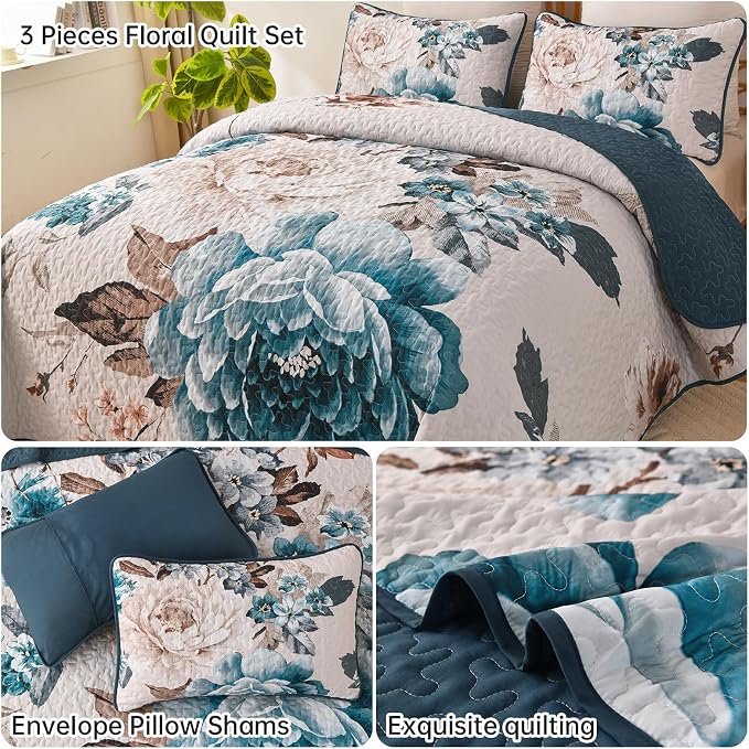 WONGS BEDDING Aqua Floral Quilt Set King, 3 Pieces Reversible Lightweight - Image 5