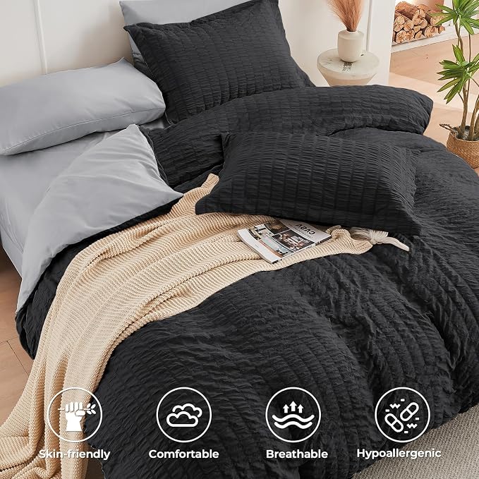 HYMOKEGE Black/Light Grey King Size Comforter Set Seersucker 7 Pieces, All - Image 3
