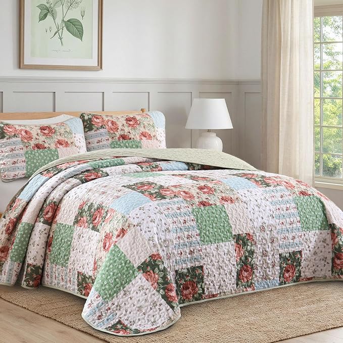 Anibedding 3 Pieces Green Patchwork Quilt Set Queen Size, Bohemian Red Flower - Image 2