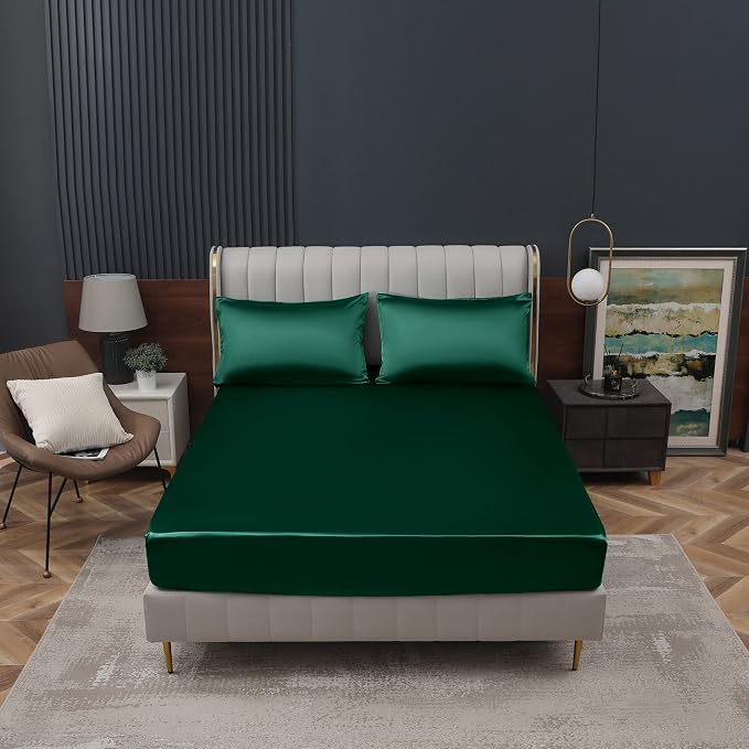 Homiest Blackish Green Satin Fitted Twin Size Bed Sheet, Deep Pocket, Luxury & - Image 2