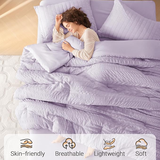 MUXHOMO 7 Pieces Queen Comforter Set, Seersucker Bed in a Bag Queen Size - Image 2