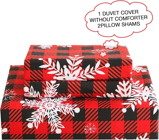 JSD Red Buffalo Plaid Snowflakes Duvet Cover Set King Size, 3 Piece Christmas - Image 3
