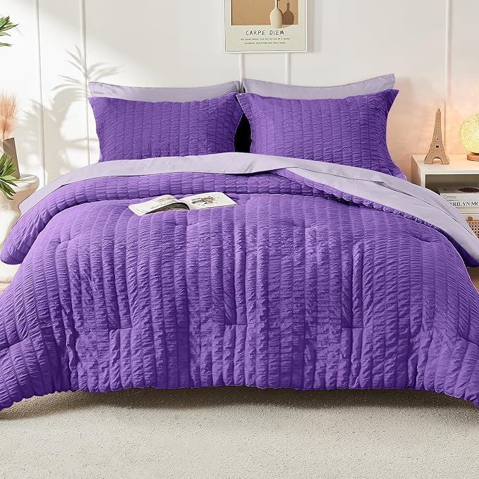 HYMOKEGE Dark Purple/Lavender California King Comforter Set Seersucker 7 Pieces - Image 9
