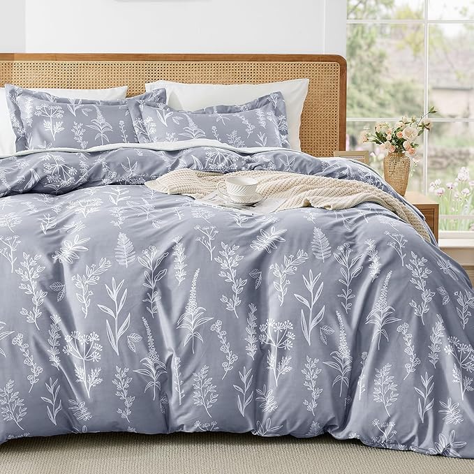 MUXHOMO Duvet Cover Full Size, Reversible Floral Grey Duvet Cover Set by MUXHOMO