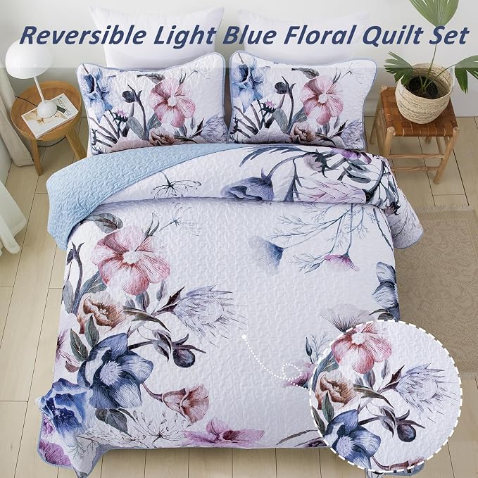 Floral Quilt Set Queen 3 Pieces Light Blue Floral Quilt Coverlet Set Soft - Image 3