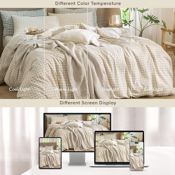 MooMee Gingham Duvet Cover Set 100% Washed Cotton Linen Like Textured - Image 6
