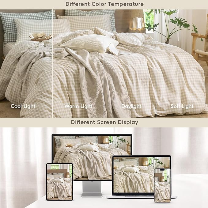 MooMee Gingham Duvet Cover Set 100% Washed Cotton Linen Like Textured - Image 7
