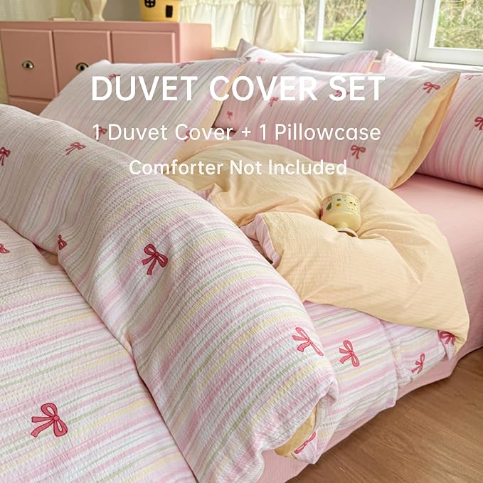 BOLINLIVING Pink Bow Duvet Cover Twin Size, Girls Kids Cute Striped Bowknot - Image 6