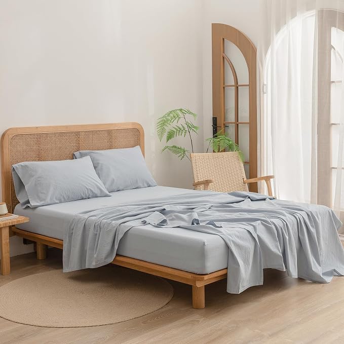 BESTOUCH Flat Sheet Only 100% Washed Cotton Linen Feel Wrinkle-Free, - Image 3