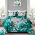 WONGS BEDDING Teal Boho Floral Quilt Set King, 3 Pieces Elegant Flower by WONGSBEDDING