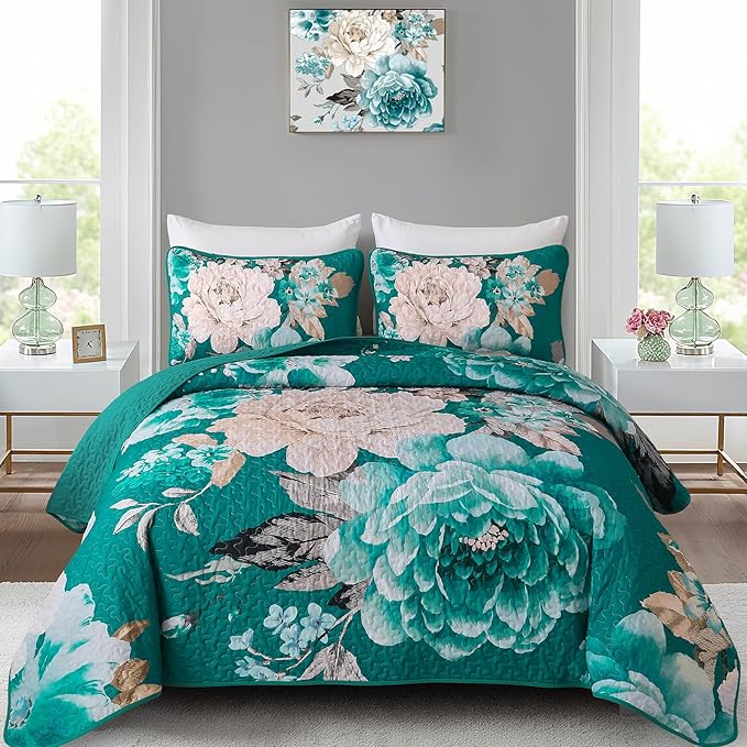 WONGS BEDDING Teal Boho Floral Quilt Set King, 3 Pieces Elegant Flower by WONGSBEDDING
