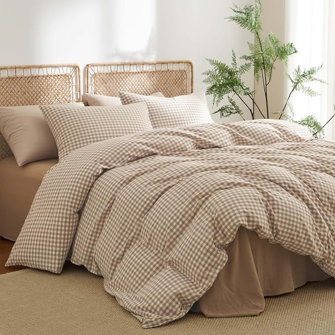 Nayoroom Gingham Duvet Cover Twin Size 100% Washed Cotton Brown Tan Plaid - Image 3