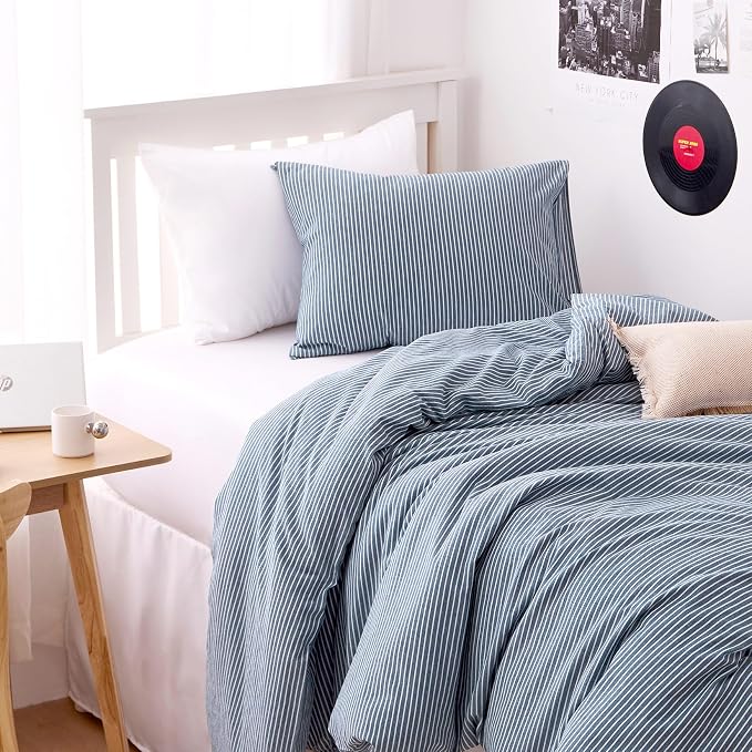 Wake In Cloud - Striped Cotton Duvet Cover Set, 100% Washed Cotton Textured - Image 5