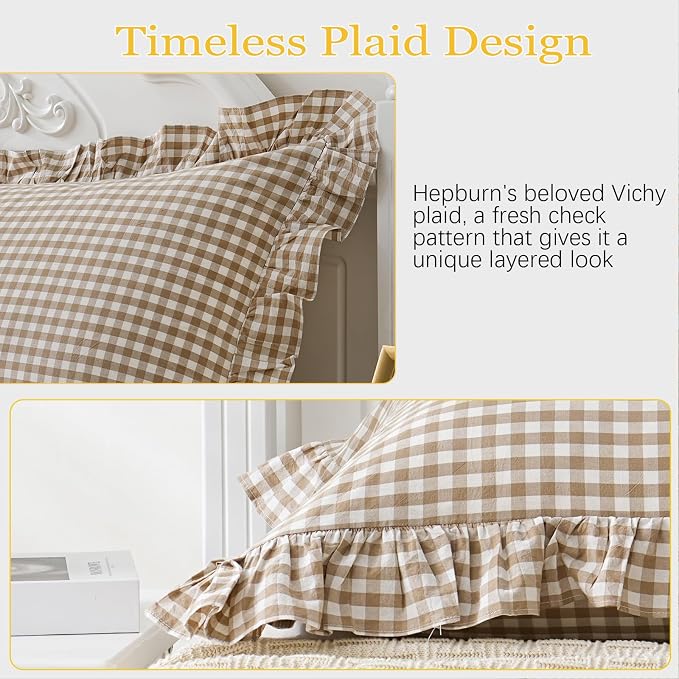 2 Pack Taupe White Plaid Gingham Ruffle Pillow Shams Standard Size 20x26 inches - Image 6