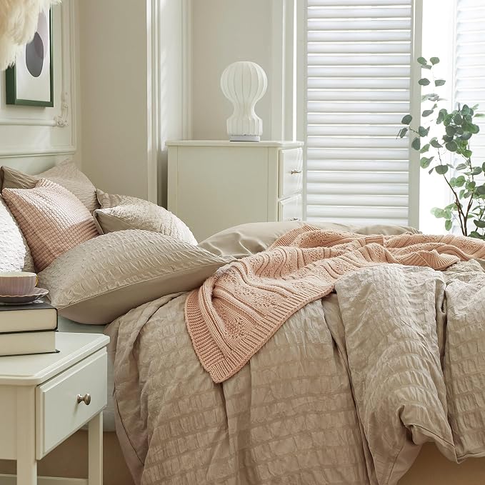 JELLYMONI Khaki Duvet Cover Queen Size, Soft Breathable Seersucker Duvet Cover - Image 7