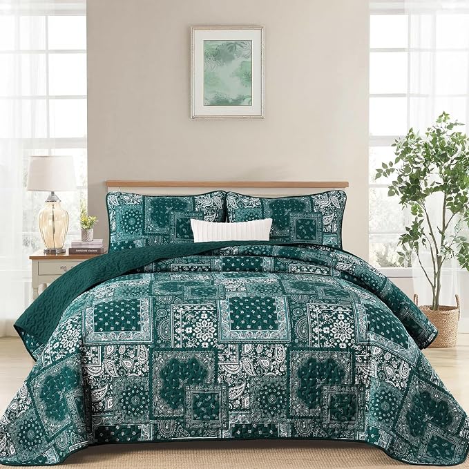 Cottolester Queen Quilt Set 3 Pieces, Emerald Green Patchwork Quilt Set by Cottolester