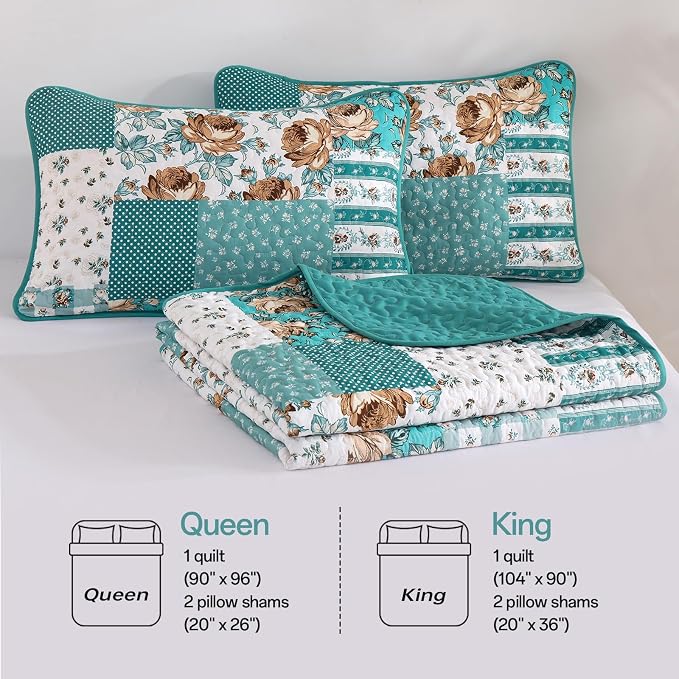 Anibedding Teal Quilt Set Queen Size Patchwork Floral Bedspread Coverlet - Image 7