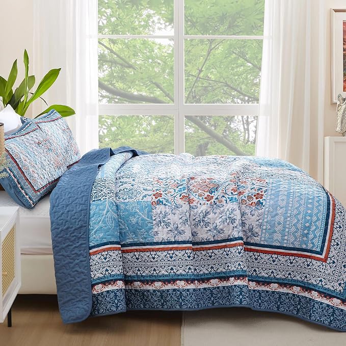 WONGS BEDDING Blue Quilt Set King Size, 3 Pieces Boho Patchwork Bedspread - Image 3