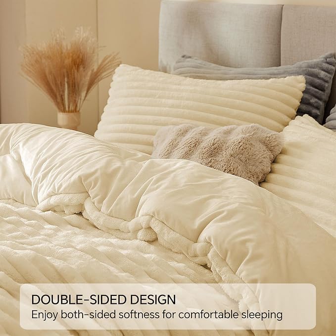 BEDELITE Fleece King Comforter Set -Super Soft & Warm Fluffy Beige Bedding - Image 4