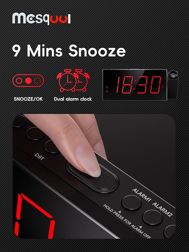 Mesqool Projection Alarm Clock, Loud Vibrating Alarm Clock - Image 8