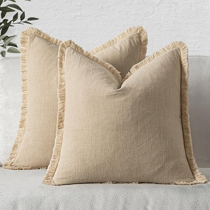 MIULEE Decorative Throw Pillow Covers Neutral Linen Fringe Throw Pillows Euro by MIULEE