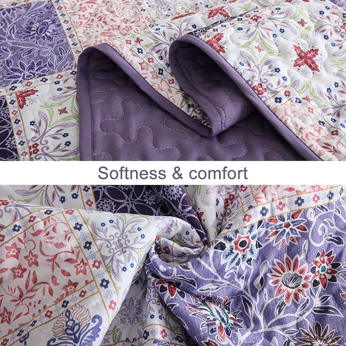 Xruibed Patchwork Quilt Set King Size 3 Pieces Plaid Floral Bedspread Coverlet - Image 6