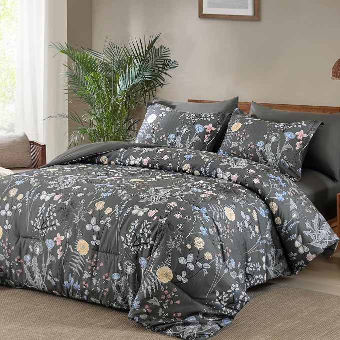 Yiran 7 Piece Grey Floral Comforter Set King Size, Botanical Flowers Bed in a - Image 2