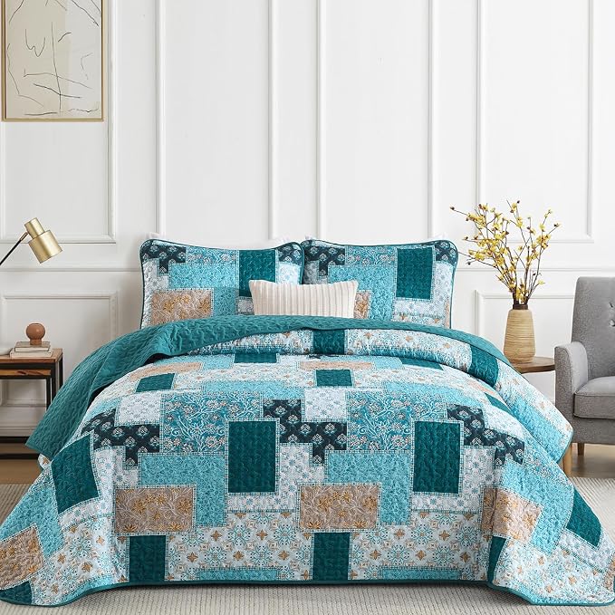 Xruibed Teal Quilt Set King Size 3 Pieces Plaid Floral Boho Bedspread Coverlet by Xruibed