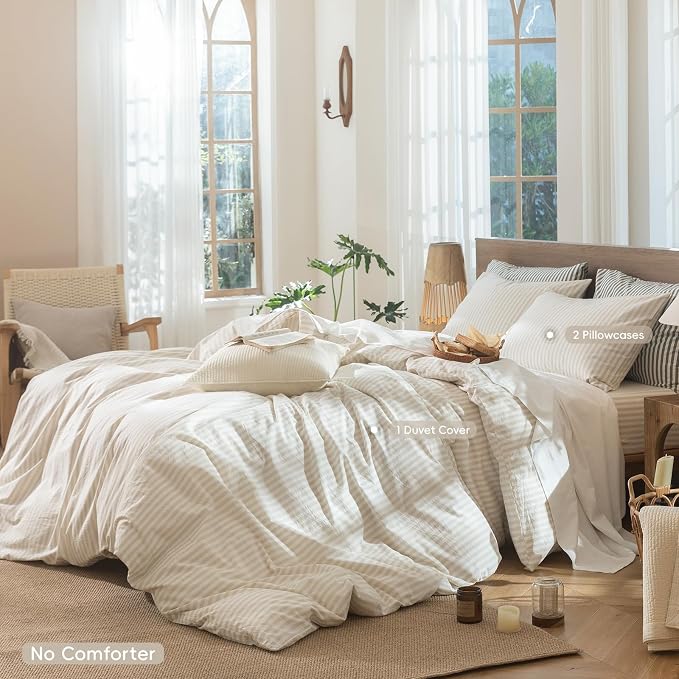 MooMee Striped Duvet Cover Set 100% Washed Cotton Linen Like Textured - Image 3