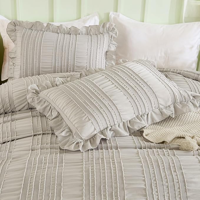 WONGS BEDDING Grey Textured Comforter Set Queen, 3 Pieces Ruffle Farmhouse - Image 7